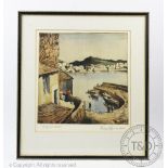 Edward Bouverie Hoyton (1900-1988), Coloured etching, Newlyn Old Harbour,