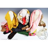 A collection of ladies scarves and accessories to include; a white leather racing hat,
