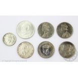 Seven Silver Indian coins comprising two East India Company Rupees dated 1835 and 1940,