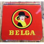 A vintage Belgian Belga cigarettes advertising sign, reverse printed on glass,