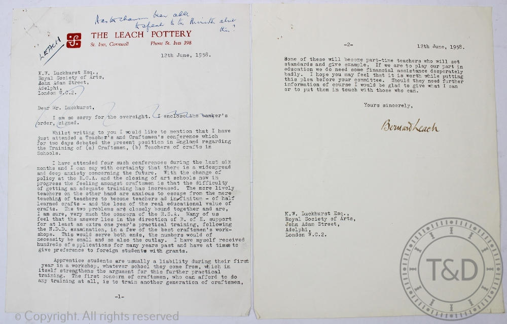 A typed and signed letter from studio potter Bernard Leach to Mr Lockhurst of the Royal Society of