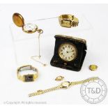 A travel bedside timepiece, along with a gold plated 'Thos Russell & Son,
