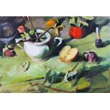 Stephanos (Stefanos) Daskalakis - Greek b1952, Oil on canvas, Still life of flowers and fruit,