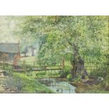 M Clarke, Watercolour, Landscape with tree beside a brook, Signed, 247cm x 37cm,