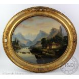 A pair of 19th century reverse painted pictures, continental landscapes,