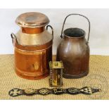A copper milk churn and cover, 53cm H, with a smaller copper milk churn,