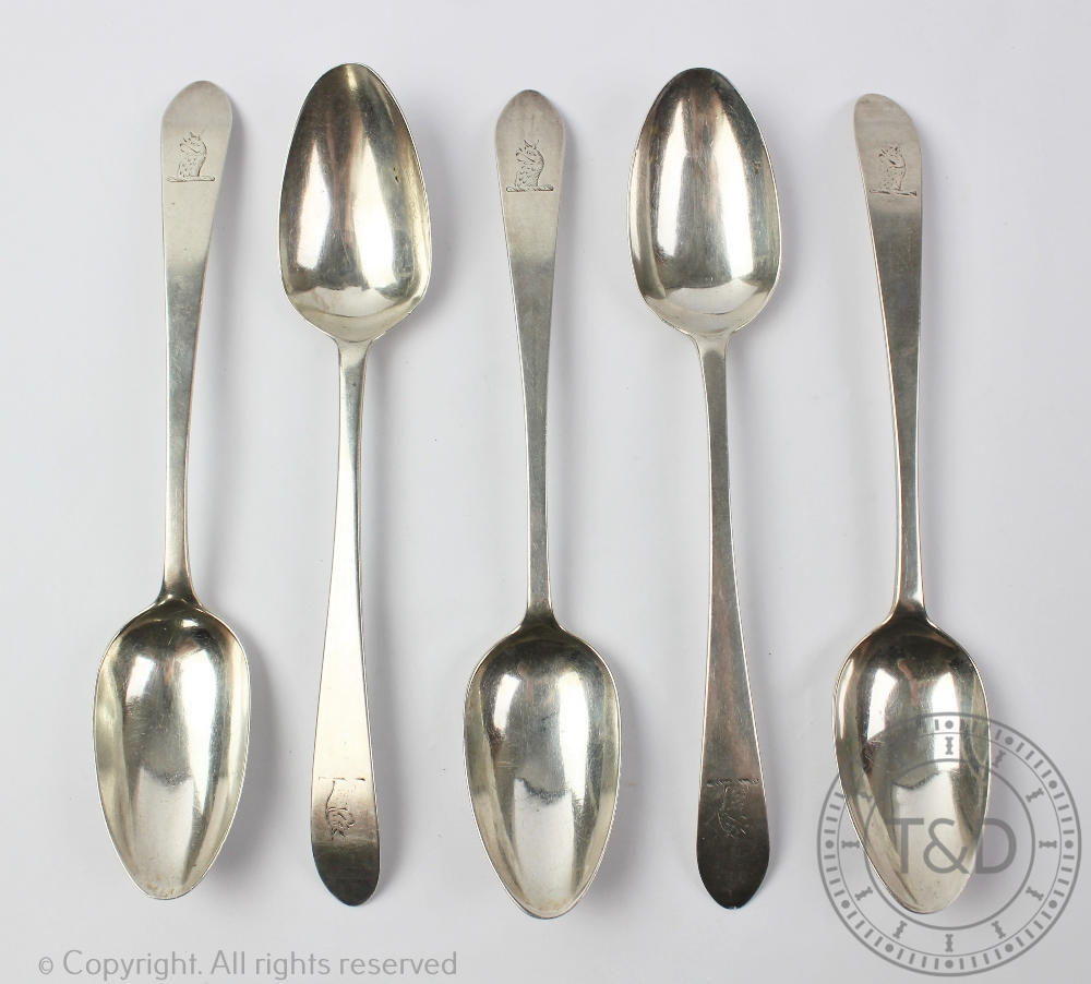 A collection of five Irish silver table spoons, John Pittar, Dublin 1786 x2,