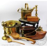 A selection of treen, copper and brass items, to include two copper kettles and covers,