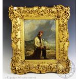 Manner of Samuel Barker, Oil on artist board, Fisherman mending his net,