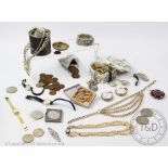 A floral bag containing a quantity of assorted costume jewellery, watches and coinage,