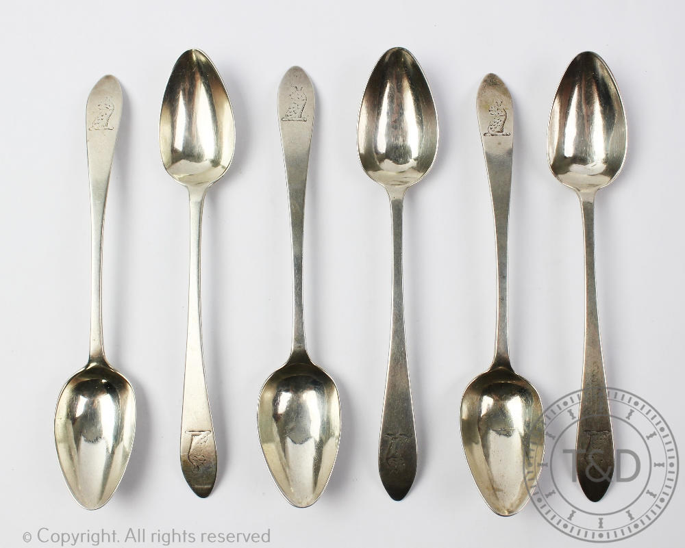 A set of six 18th century Irish provincial silver spoons, John Nicholson, Cork,