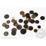 A collection of 18th century and later tokens and coins to include a Chinese 2 Sen,