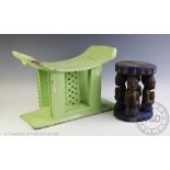 A West African Ashanti green painted tribal art stool, 30cm high,