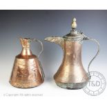 A Middle Eastern Dallah type copper coffee pot, of typical form, with waisted lower section,