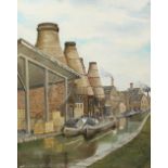 English School - 20th century, Oil on panel, Canal scene with pottery towers, Signed 'Wakefield',