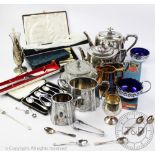 A collection of silver and silver plated wares to include; A cased set of six silver teaspoons,