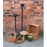 Two painted metal floor standing candlesticks, tallest 109cm, with two baskets, a green vase,