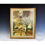 English School - 20th century, Oil on board, Country lane with tree and cottage and a stormy sky,