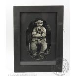 Brian Lewis, Three pen and ink portraits, Colliery employees, one with poem in red, Largest 22.