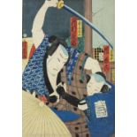 Manner of Utagawa Kuniyoshi, Japanese woodblock print, vertical print depicting a Samurai, signed,