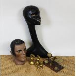A vintage 1960's hat stand head, 87cm, with another mannequin male head, 25cm,