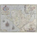 John Speed, 17th century engraved map of Anglesey and later hand colouring, 38cm x 50.