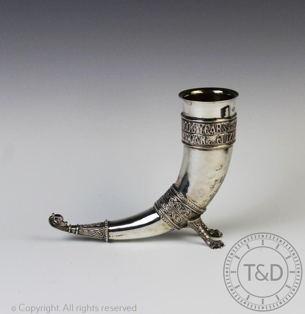 A cased silver Saxon drinking horn, A E Jones, Birmingham 1973,