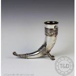 A cased silver Saxon drinking horn, A E Jones, Birmingham 1973,