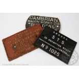 Three cast iron railway interest signs, comprising, 'Cambrian Wagon Works Ltd Builders Cardiff',