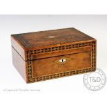 A Victorian inlaid walnut work box, 14cm H x 30cm W x 22cm D,