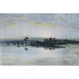 After Peter Scott, Three signed prints, 'white fronted geese at dawn',