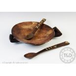Two Bakalite South African Zulu inlaid wood spoons, longest 32cm,