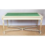A French Louis XVI style cream and gilt dining table, with watered silk covered centre section,
