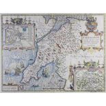 John Speed, 17th century engraved map with later hand colouring, Map of Caernarvon, 39cm x 52cm,