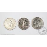 Three silver trade dollars, dated 1908,