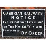 A cast iron Cambrian Railway station sign, 45cm x 69cm,