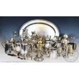 A collection of plated wares, to include; a Walker and Hall oval serving tray, 51cm wide,