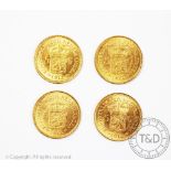 Four Dutch gold five guilder coins,