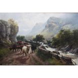 H R Hall - 19th century, Oil on canvas, Highland Cattle Pass of the Trossachs, Signed lower left,