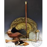 A selection of metal wares to include a coal scuttle and shovel, a copper coaching horn,