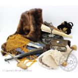 Three vintage purse, with a fox fur stole, two fans,