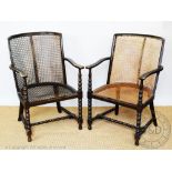A pair of 1920's stained beech tub chairs, with canved backs and seats, on bobbin turned legs,