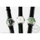 Three Indian Military HMT watches, comprising white face with green numerals,