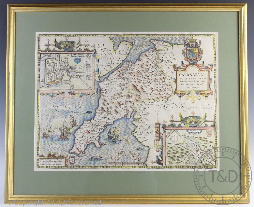 John Speed, 17th century engraved map with later hand colouring, Map of Caernarvon, 39cm x 52cm, - Image 2 of 2