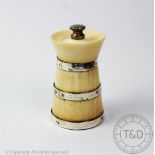 A Victorian ivory and silver coopered pepper mill, London 1900, 8cm high,