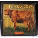 A pub advertising sign for 'The Red Cow', with Vaux label to bottom and signed G Mayhew, 84cm x 88.