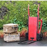 A vintage railway station red painted luggage trolley, named for NER Scarborough, 164cm long,