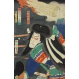 Manner of Utagawa Kuniyoshi, Japanese woodblock print, vertical print depicting a warrior, signed,