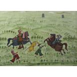 Indian School (20th Century), Landscape gouache on silk painting, Tiger hunt,