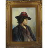 English School - 19th century, Oil on canvas, Portrait of a young man in a red hat, 50cm x 34cm,